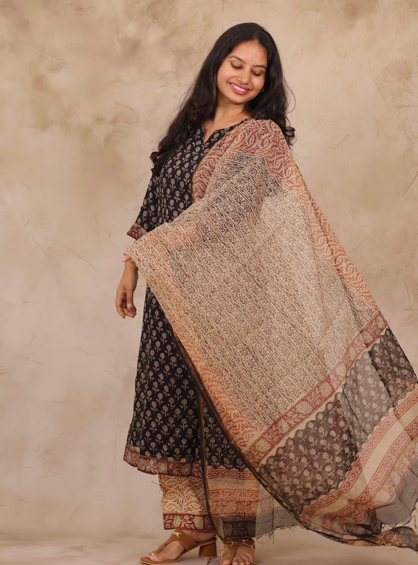 Black Handblock printed kota 3 piece suit (stitched)
