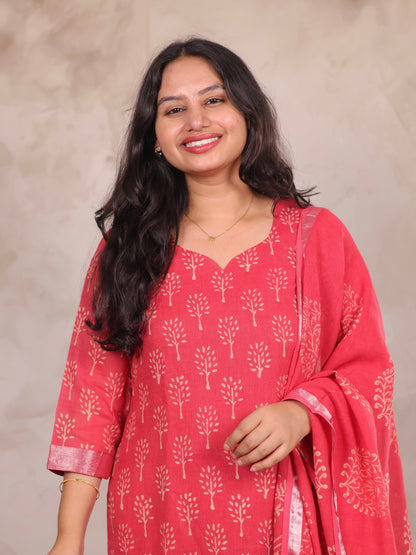 Pink Linen Cotton Handblock printed 3 piece suit (stitched)