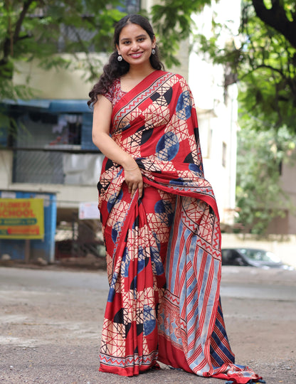 Red Ajrakh Modal Silk Saree