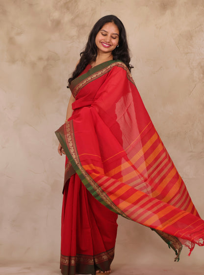 Red Narayanpet Cotton Saree with Elephant Border | Looms & Tassels