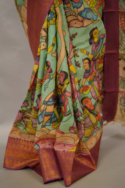Pista Green Hand Drawn Pen Kalamkari Bangalore Silk Kanchi Border Saree | Looms & Tassels