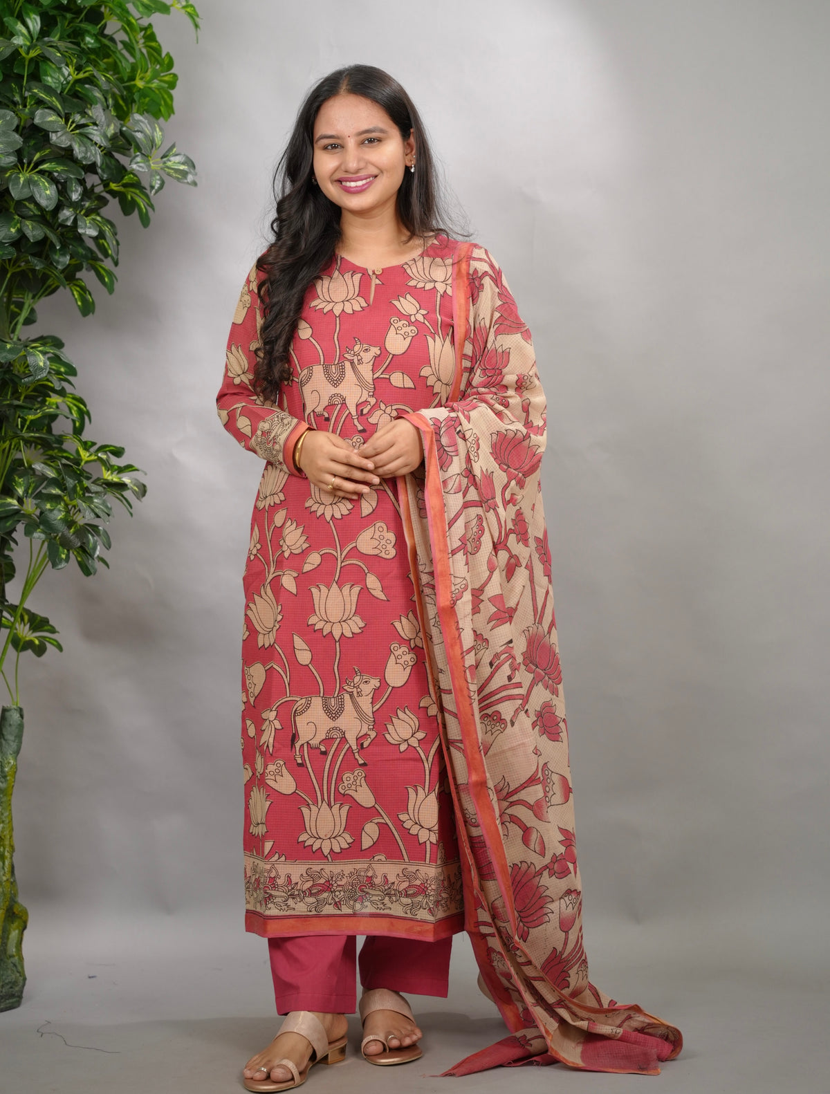Pink Pichwai Kalamkari Kota Cotton 3 piece suit set (stitched) | Looms & Tassels