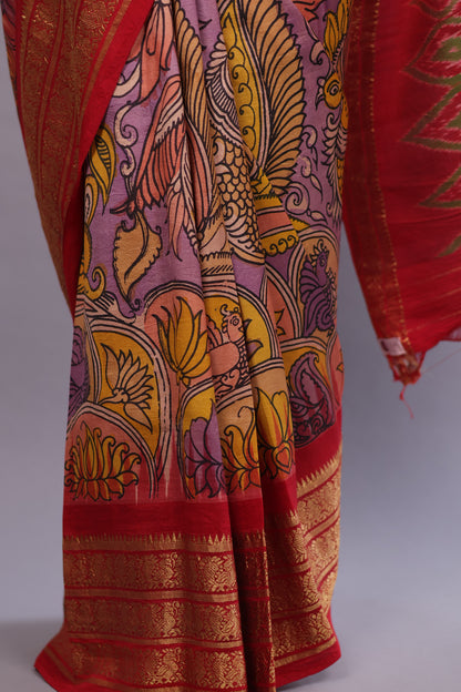 Lavender Kanchi Pattu Hand Painted Pen Kalamkari Saree
