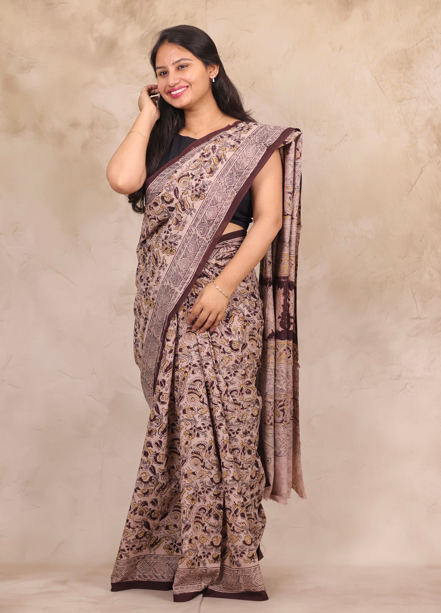 Cream Hand Block Printed Kalamkari Cotton Saree | Looms & Tassels