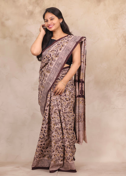 Cream Hand Block Printed Kalamkari Cotton Saree | Looms & Tassels