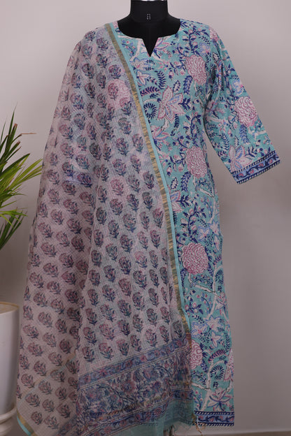 Blue Handblock printed Pure Mul Cotton with Kota Duppata 3 piece suit (stitched)