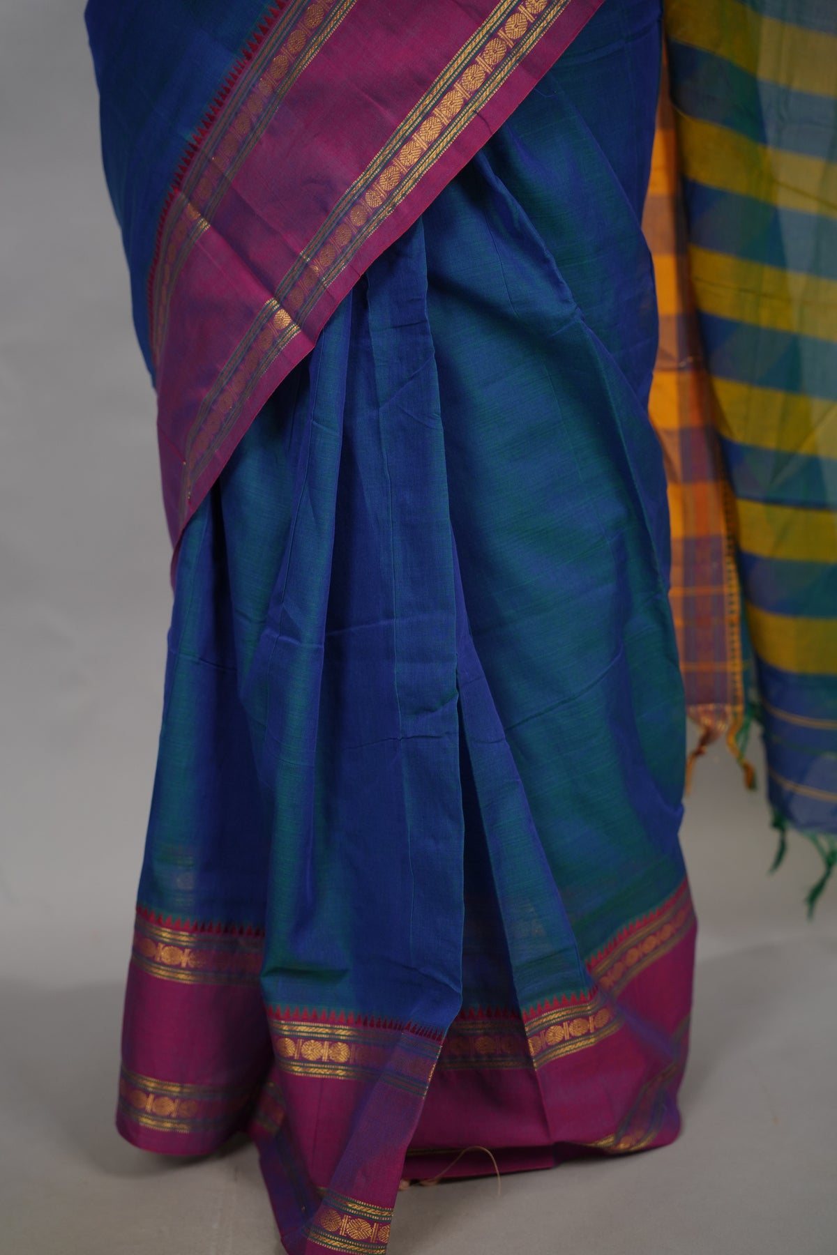 Peacock Blue Narayanpet Cotton Saree With Ganga And Jamuna Border | Looms & Tassels