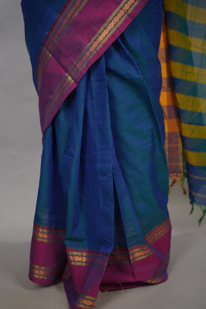 Peacock Blue Narayanpet Cotton Saree With Ganga And Jamuna Border | Looms & Tassels
