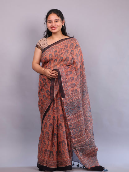 Ajrakh Hand Block Printed Kota Doria Saree | Looms & Tassels