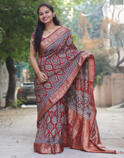 Red Traditional Badam Butta Ajrakh Handblock Printed Dola Silk Saree