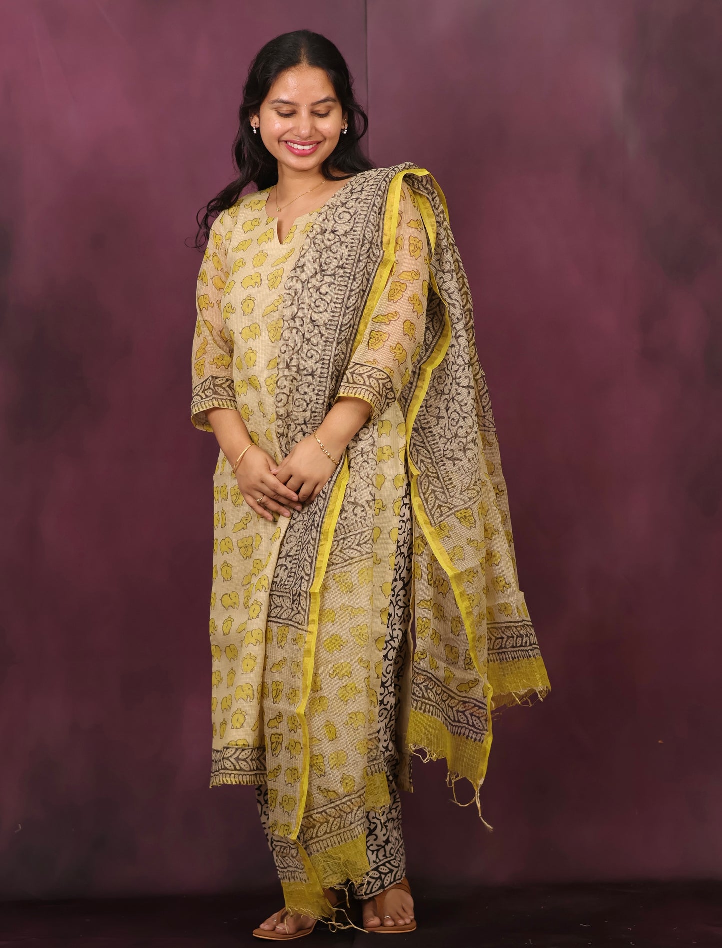 Cream & Yellow Elephant Handblock printed kota 3 piece suit (stitched)