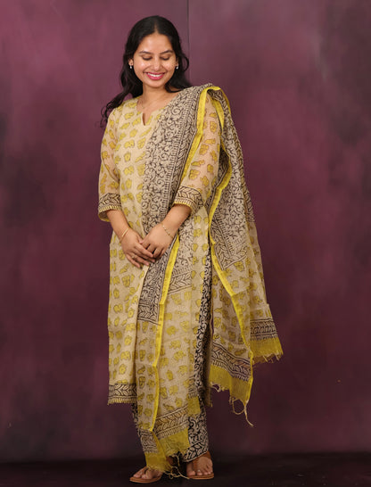 Cream & Yellow Elephant Handblock printed kota 3 piece suit (stitched)