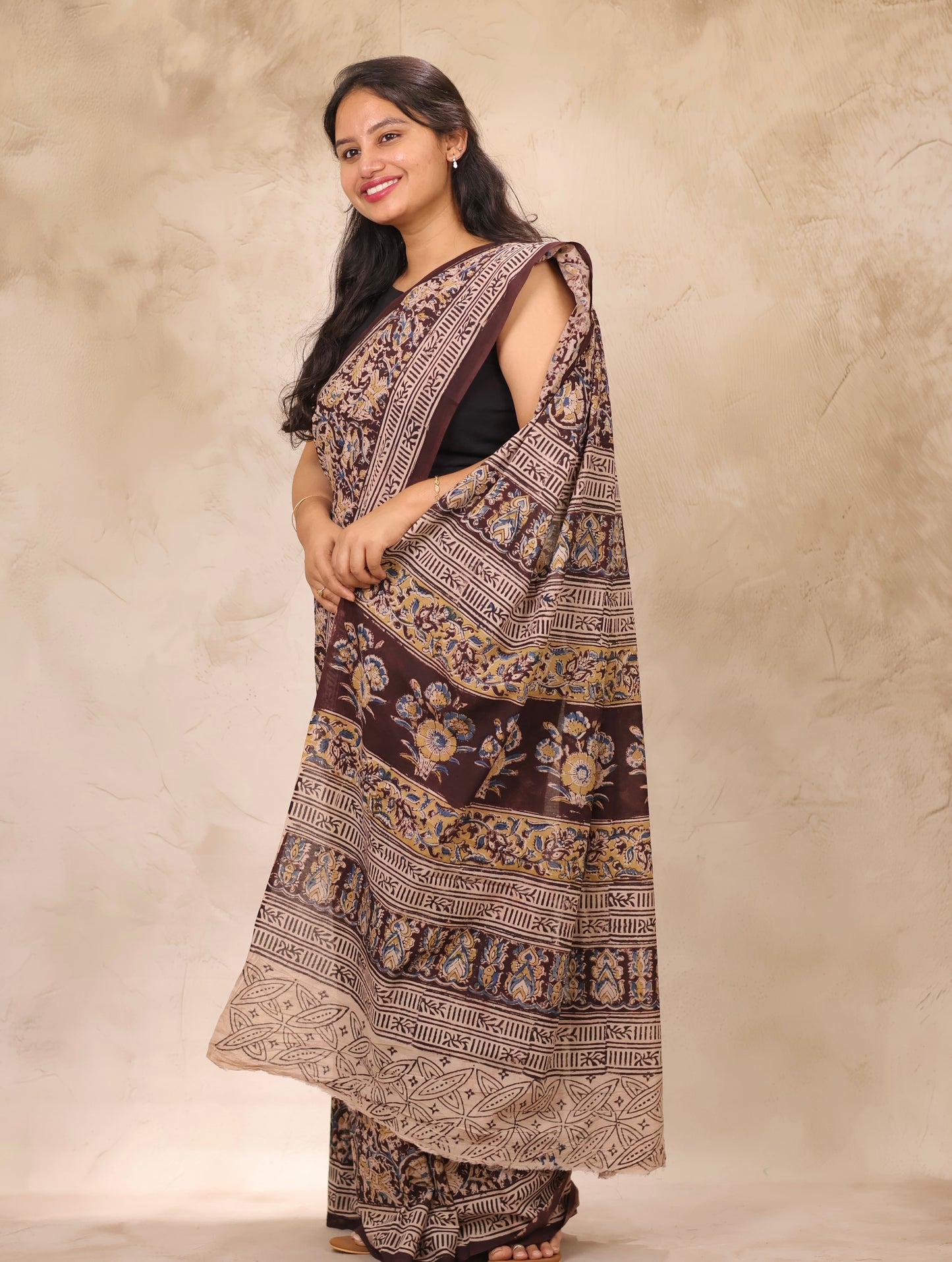 Brown Hand Block Printed Kalamkari Cotton Saree | Looms & Tassels