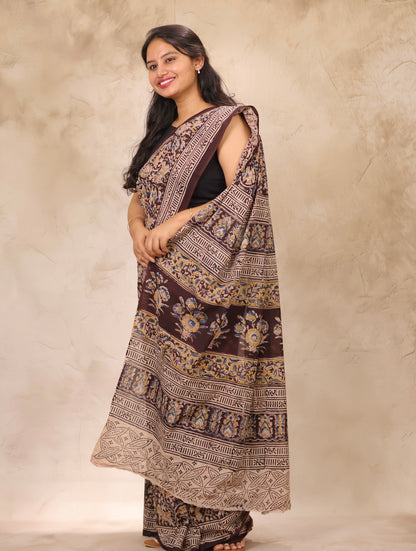 Brown Hand Block Printed Kalamkari Cotton Saree | Looms & Tassels