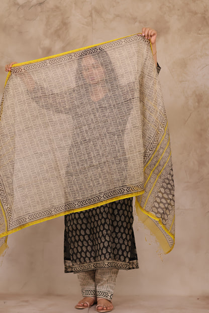 Black Handblock printed kota 3 piece suit (stitched)