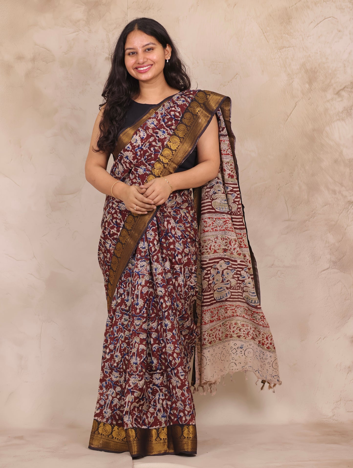 Hand Block Printed Kalamkari Kanchi Border Silk Saree