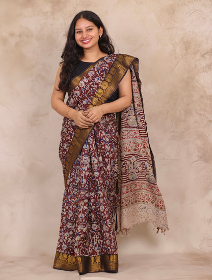 Hand Block Printed Kalamkari Kanchi Border Silk Saree
