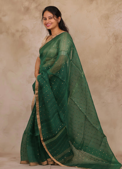 Green Handwoven Muslin Silk Saree With Sequence Work | Looms & Tassels