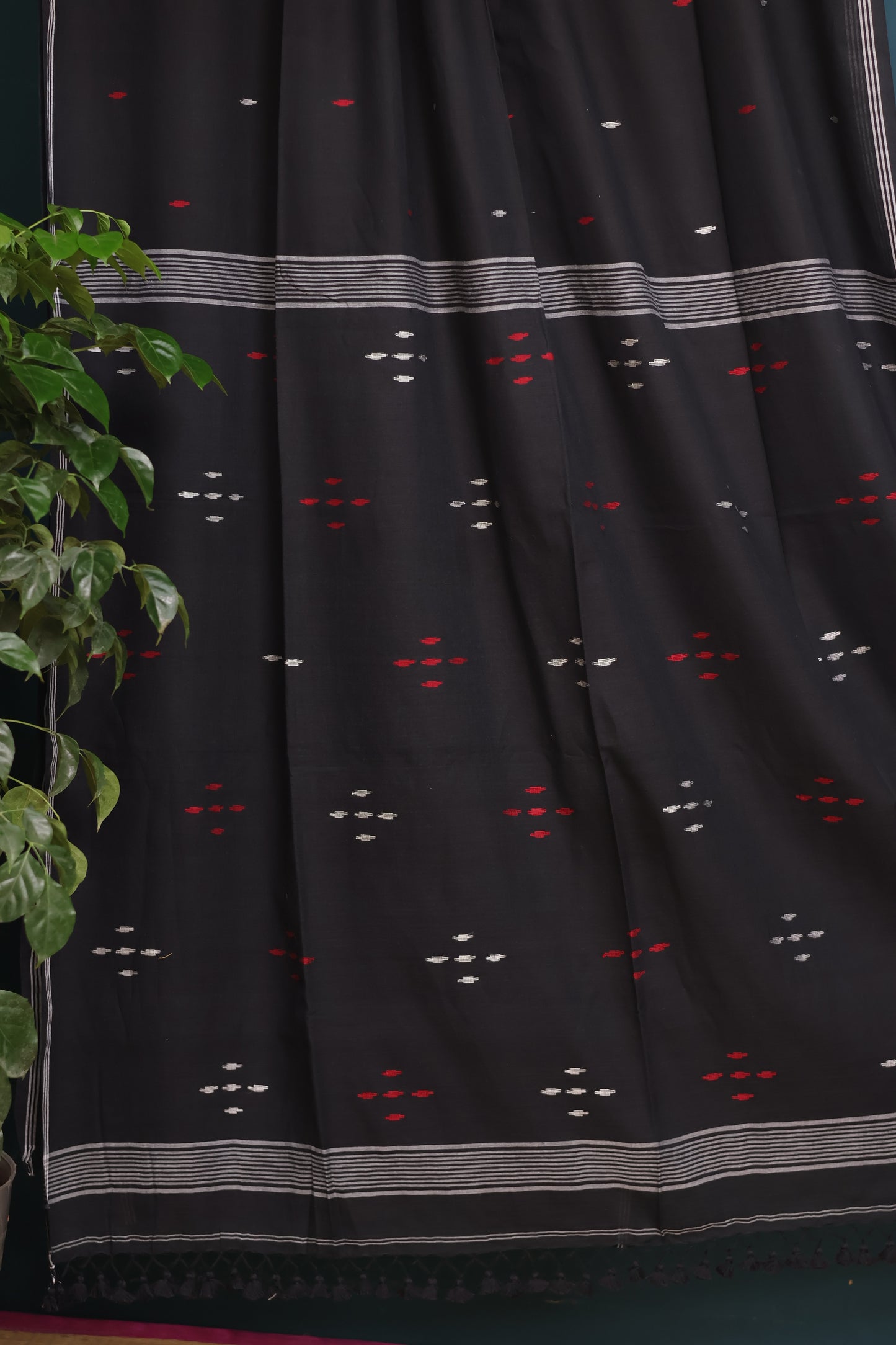 Black Pure Handwoven Malai Cotton Saree with Butta Weaving