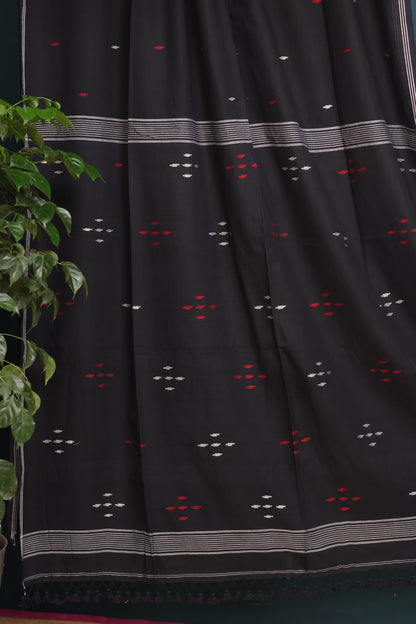Black Pure Handwoven Malai Cotton Saree with Butta Weaving