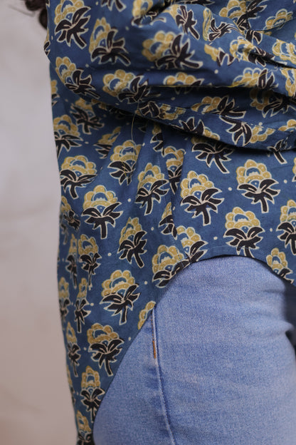 Indigo Ajrakh Handblock Printed Shirt (Pure Cotton ) | Looms & Tassels