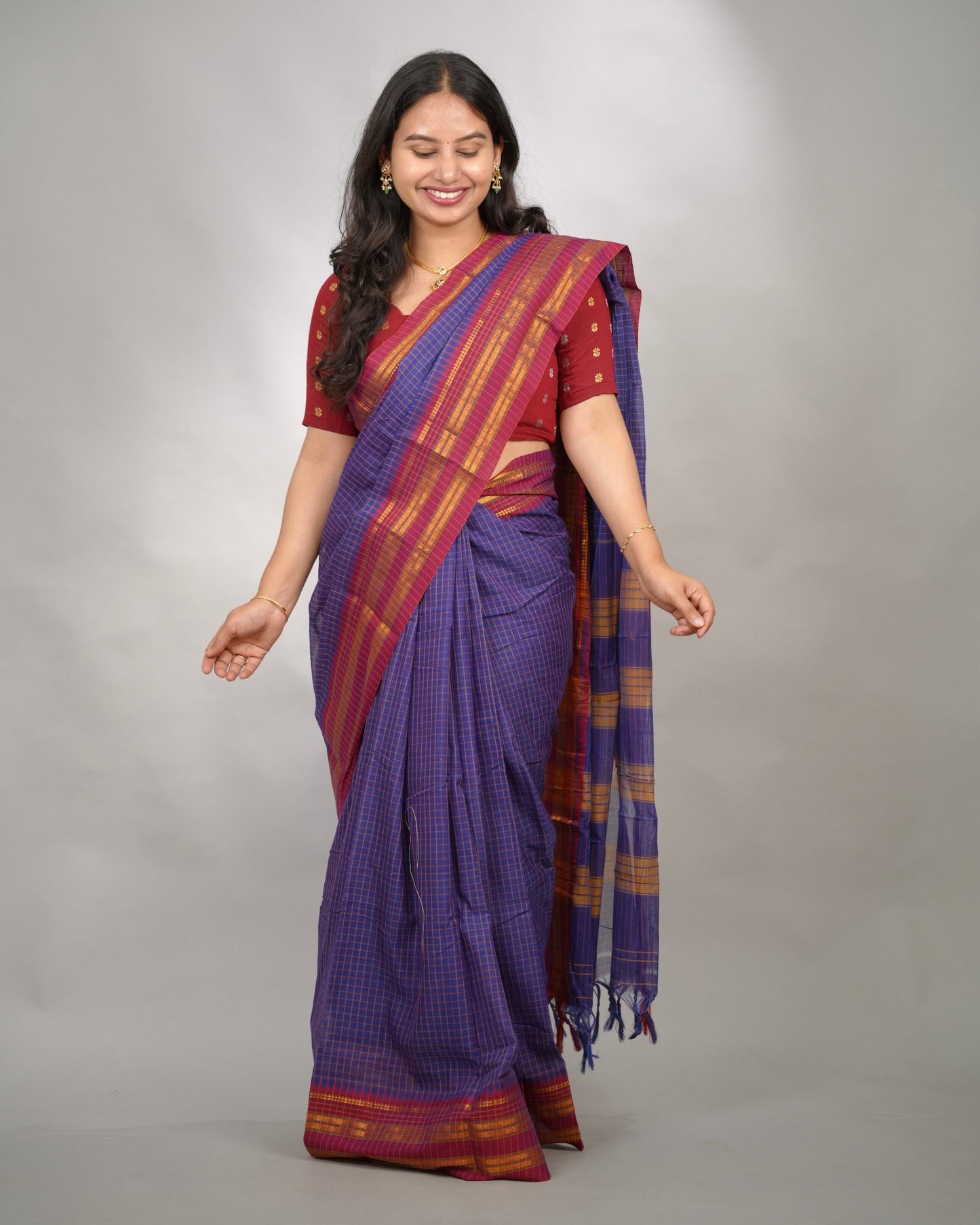 Blue Checks Narayanpet Cotton Saree with Traditional contrast Border | Looms & Tassels