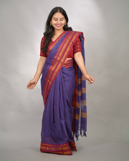 Blue Checks Narayanpet Cotton Saree with Traditional contrast Border | Looms & Tassels