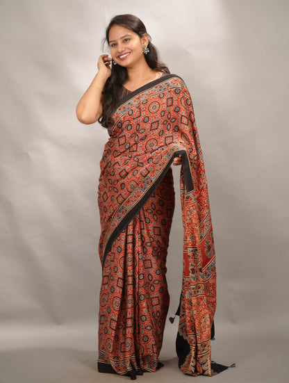 Red Authentic Ajrakh Handblock Printed Modal Silk Saree | Looms & Tassels