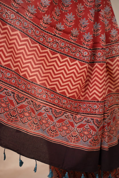 Maroon Ajrakh Hand Block Printed Cotton Saree | Looms & Tassels