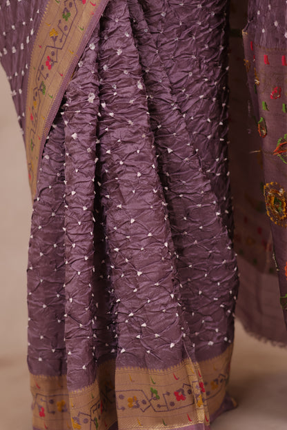 Dusty Lavender Handcrafted Bandhani Paithani Dola Silk Saree | Looms & Tassels
