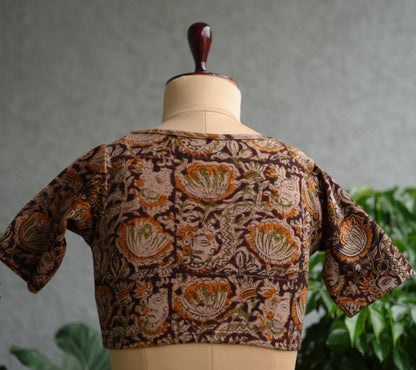 Brown Round Neck Stretchable Hand block printed kalamkari blouse