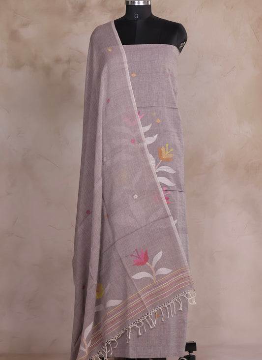 Greyish Brown Handwoven Jamdhani weaving pure Malai cotton 2 piece suit sets | Looms & Tassels