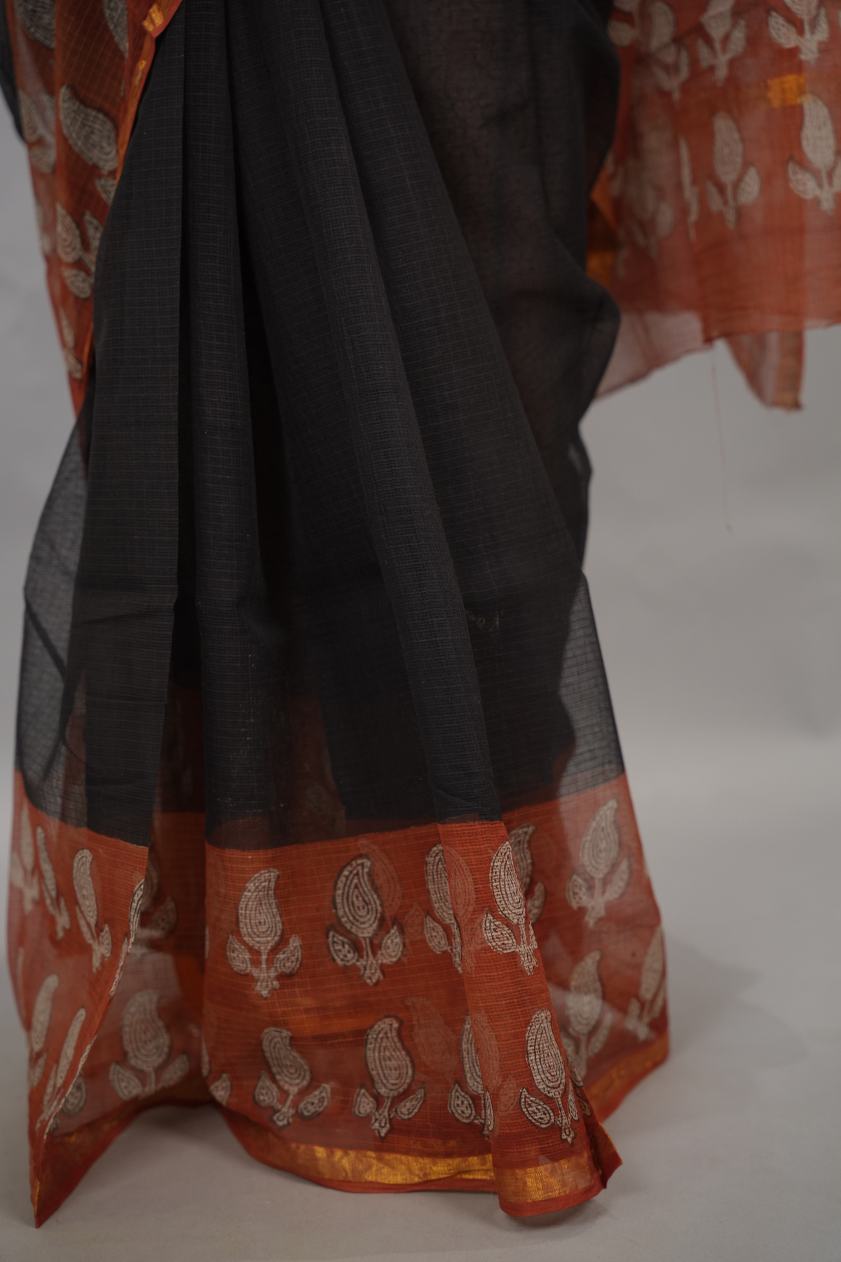 Black & Maroon Pure Kota Doria Saree with Bagru Handblock Prints | Looms & Tassels