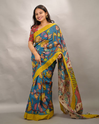 Hand Drawn Pen Kalamkari Rama Blue And Yellow Bangalore Silk Gicha Border Saree | Looms & Tassels