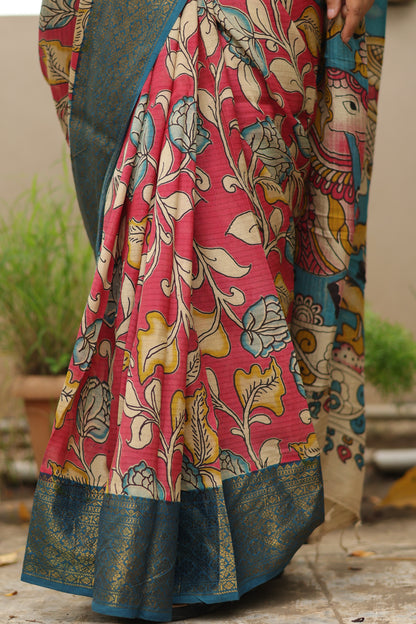 Pink Kanchi border Kalamkari chennur silk saree