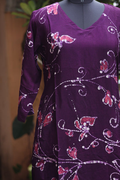 Purple Hand drawn Batik silk Kurti