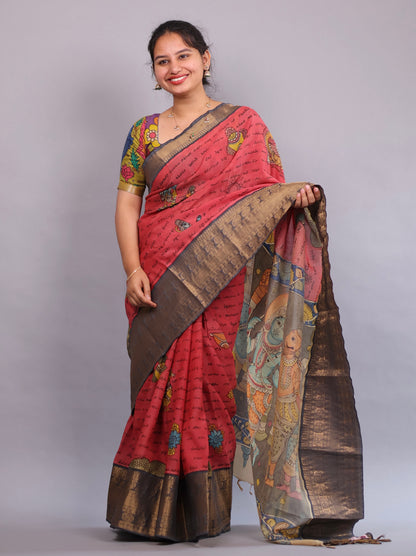Pink Hand Painted Pen Kalamkari Silk Saree