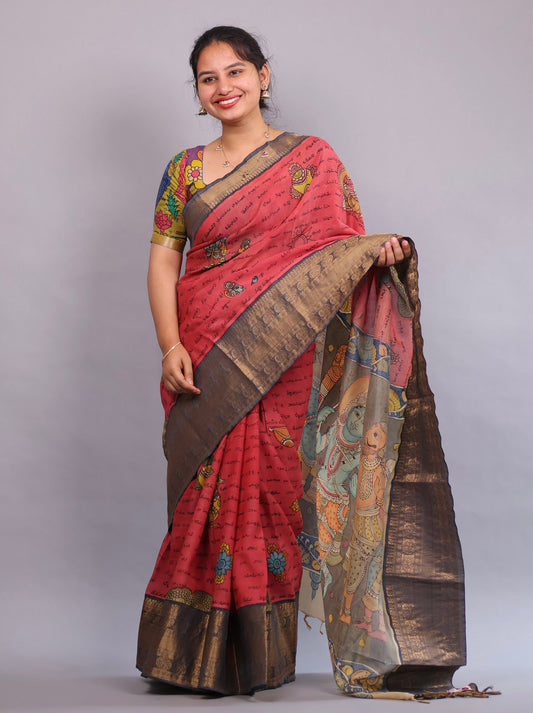 Pink Hand Painted Pen Kalamkari Silk Saree