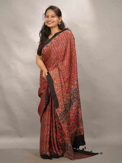 Maroon Small Print Authentic Ajrakh Handblock Printed Modal Silk Saree | Looms & Tassels