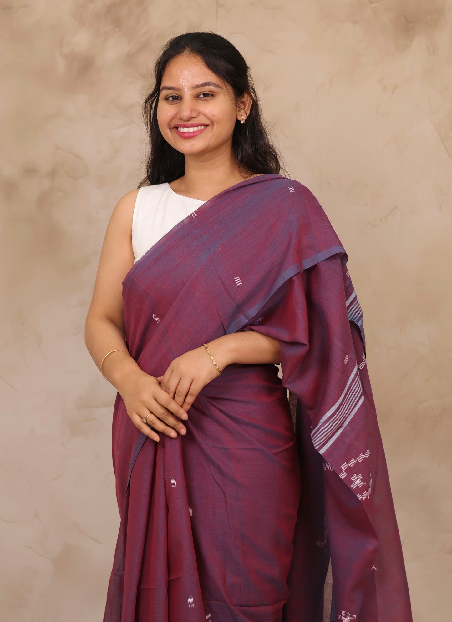 Dual Shade Purple Malai Cotton Saree with Butta Weaving | Looms & Tassels