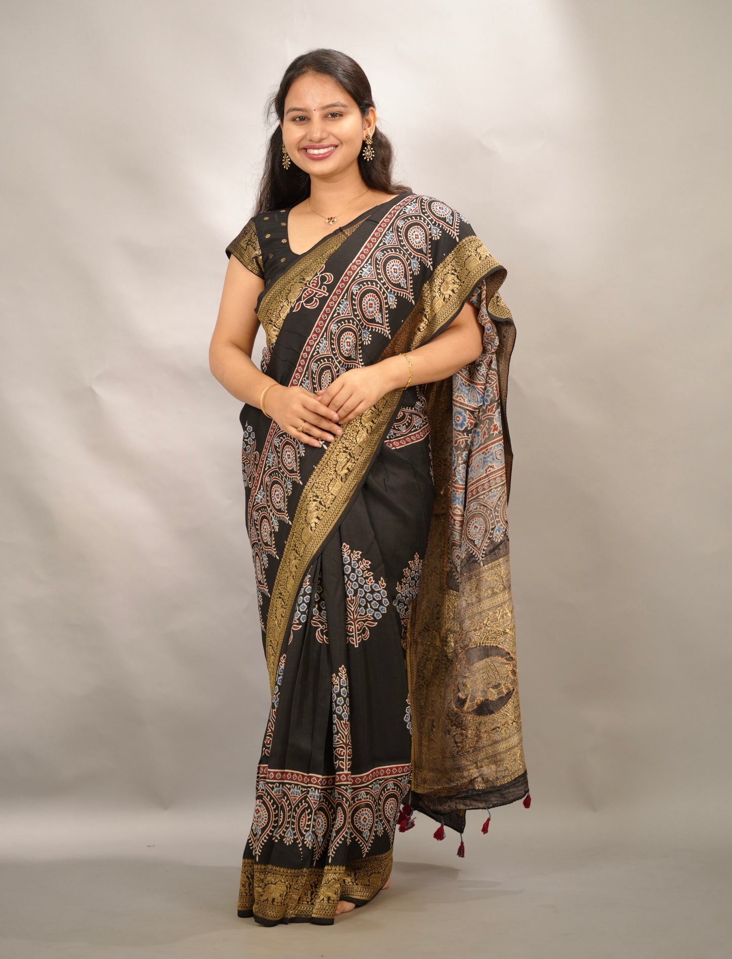 Black Ajrakh Handblock printed Dola Silk Saree | Looms & Tassels