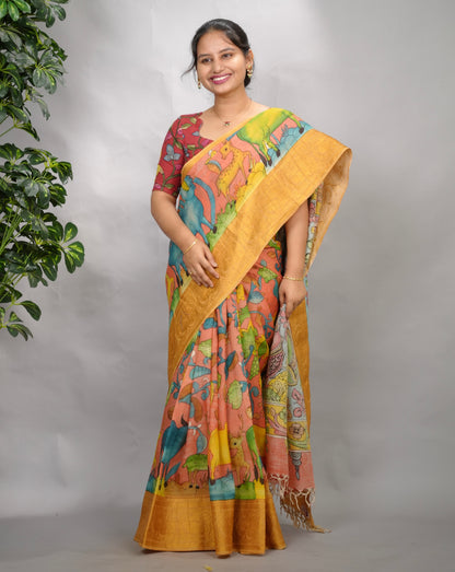 Peach Hand Drawn Pen Kalamkari Bangalore Silk Kanchi Border Saree | Looms & Tassels