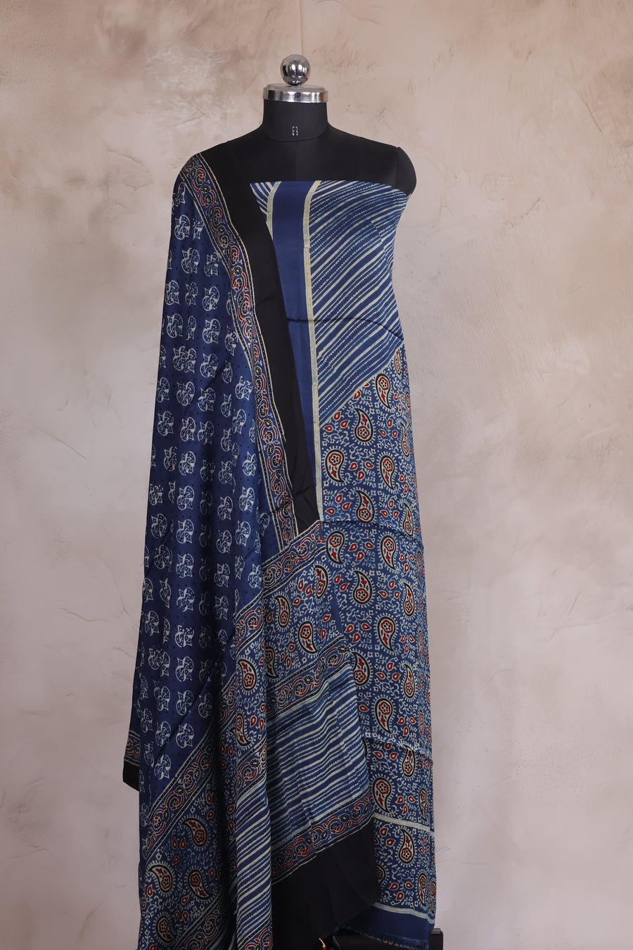 Indigo Contemporary Ajrakh Handblock Printed Modal Silk 2 Piece Suit Set | Looms & Tassels