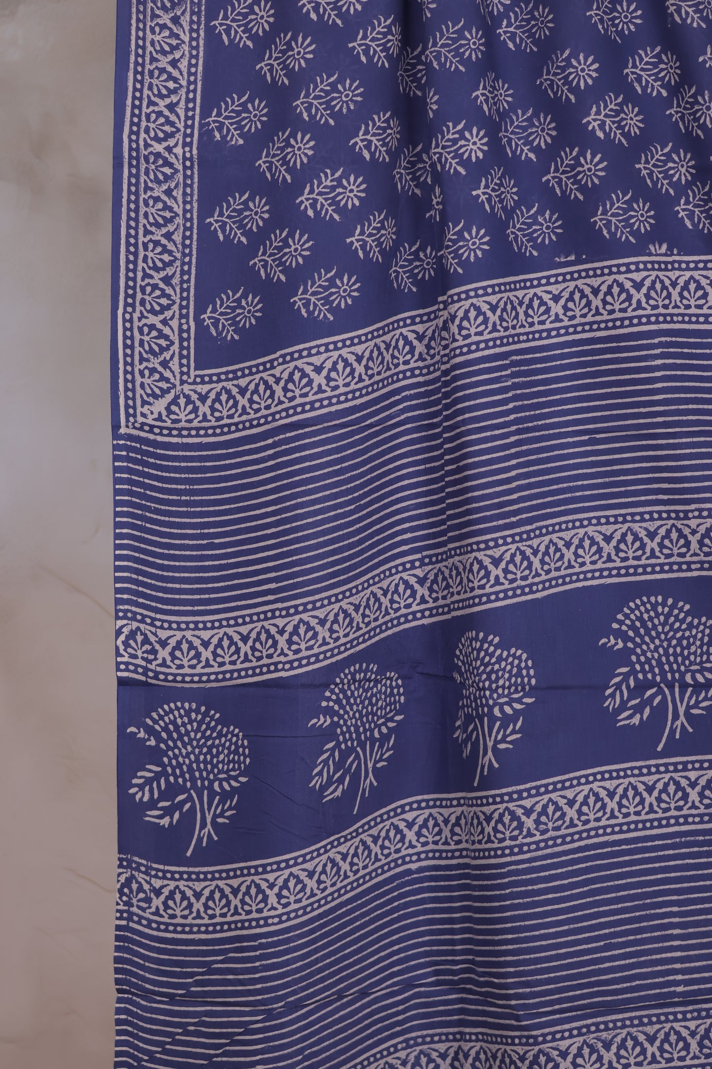 Blue Bagru Handblock printed MulMul cotton saree