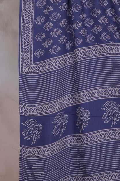 Blue Bagru Handblock printed MulMul cotton saree
