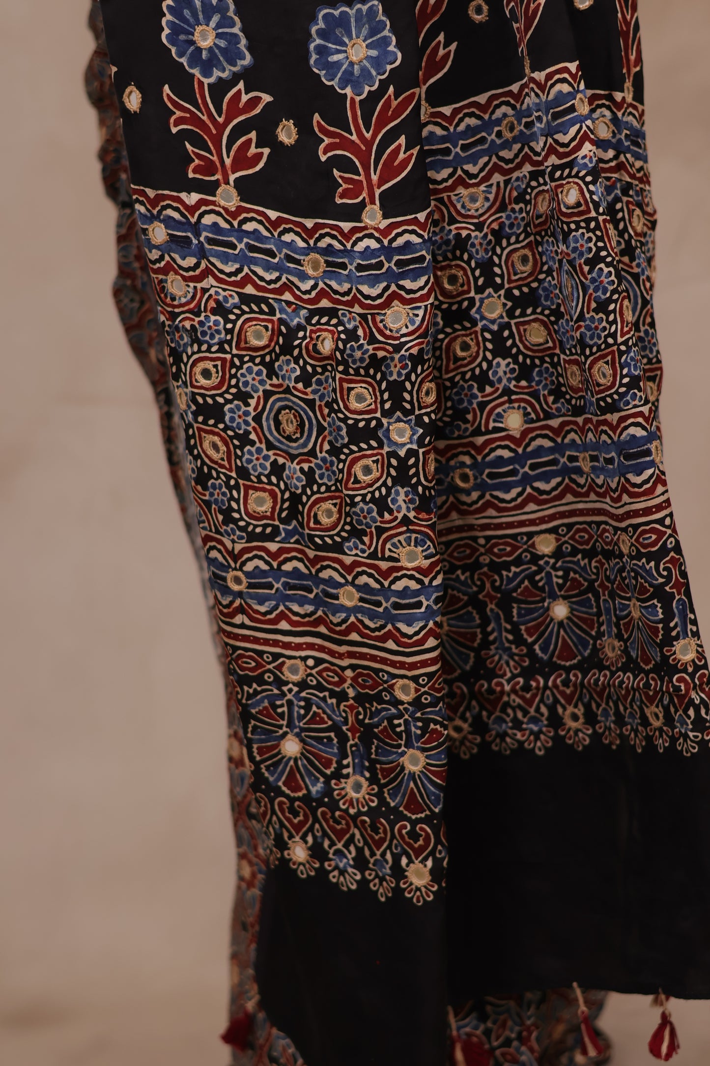 Black Handcrafted Ajrakh Modal Silk Saree with Authentic Banjara Mirror Work | Looms & Tassel