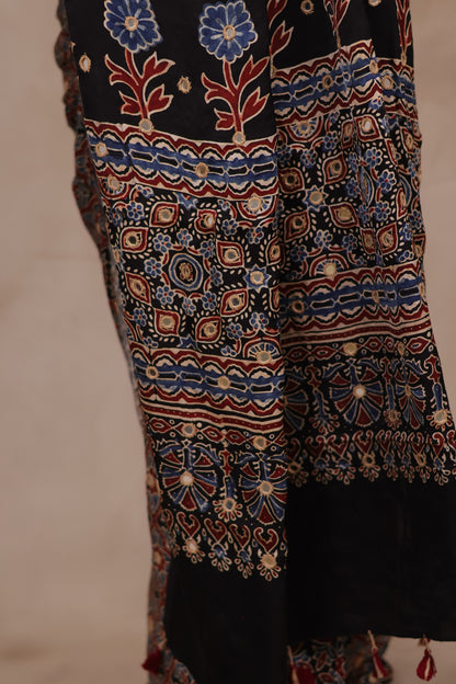 Black Handcrafted Ajrakh Modal Silk Saree with Authentic Banjara Mirror Work | Looms & Tassel