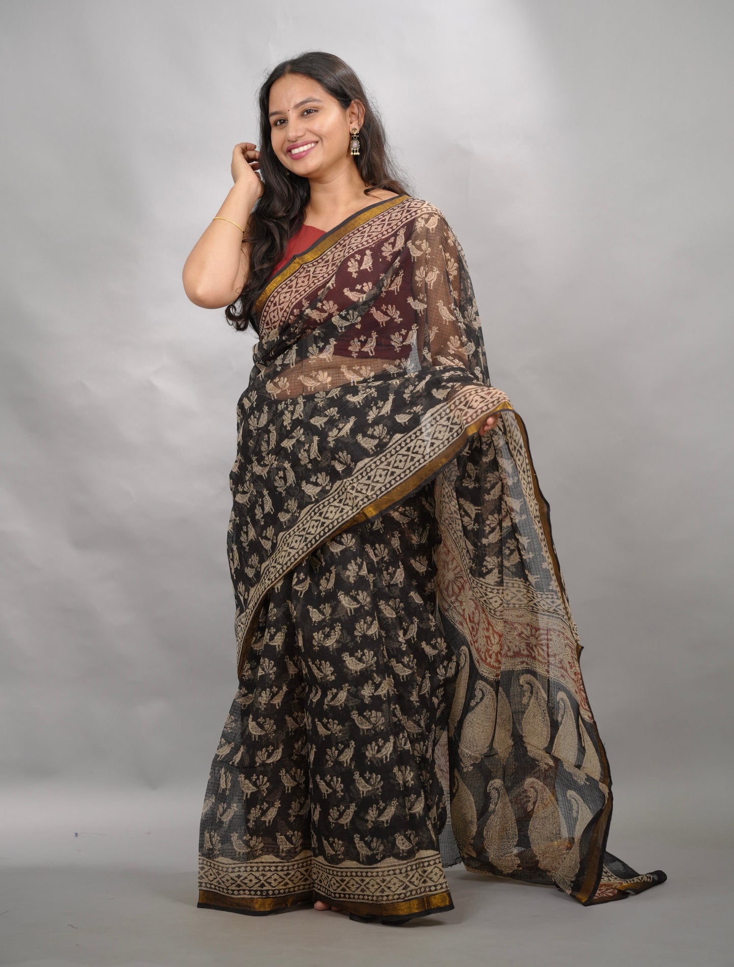 Black Pure Kota Doria Saree with Bagru Handblock Prints | Looms & Tassels