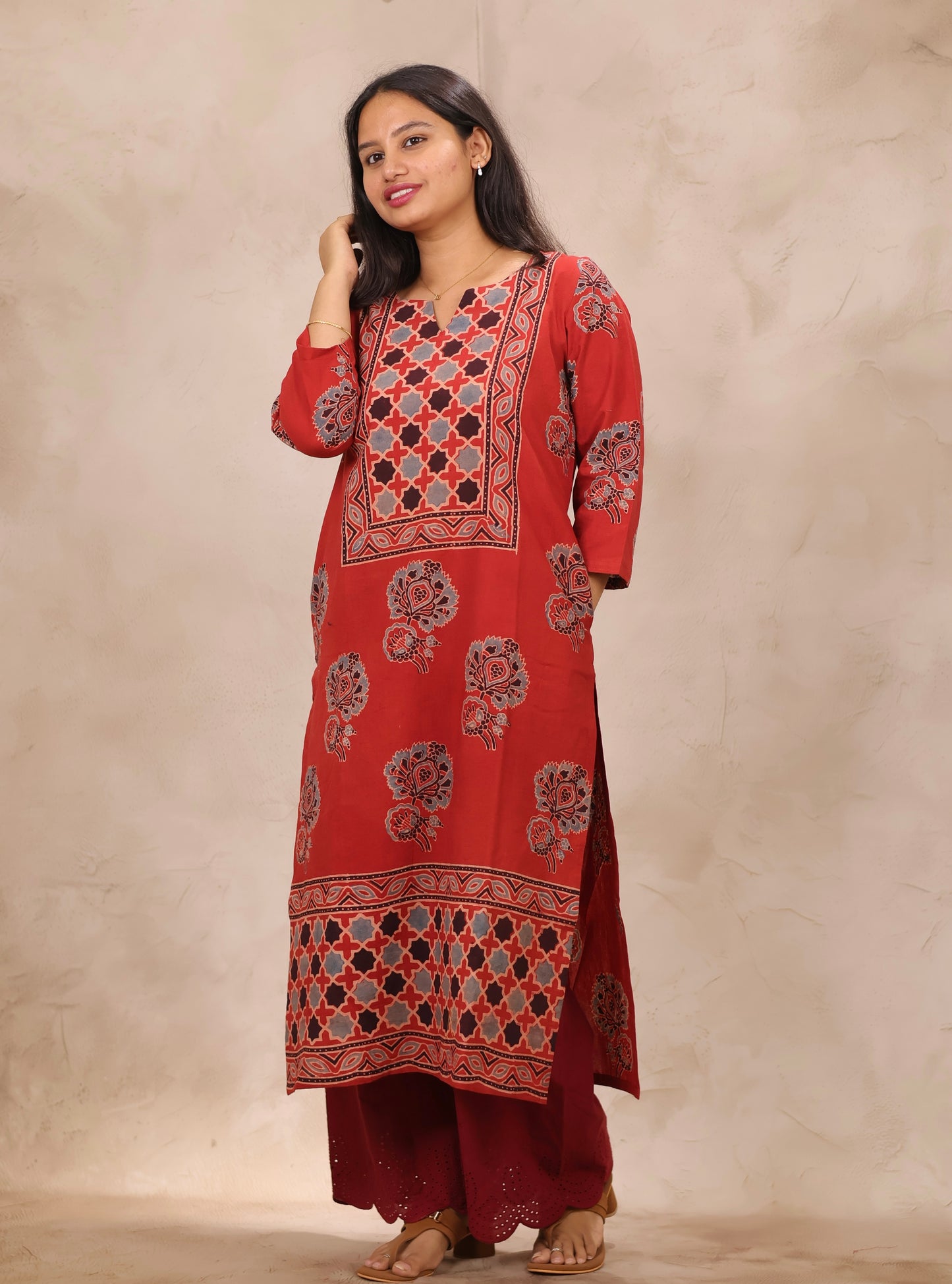 Red Ajrakh Pattern Hand Block Cotton printed Kurti | Looms & Tassels