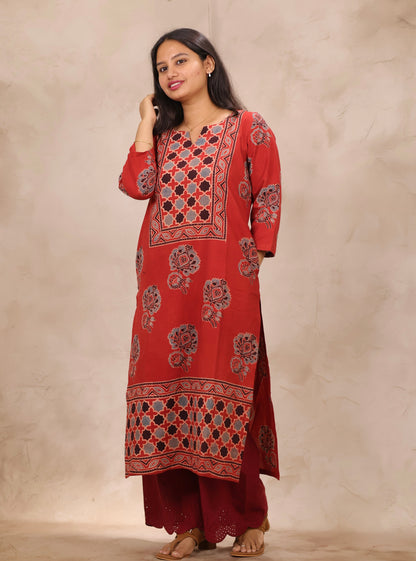 Red Ajrakh Pattern Hand Block Cotton printed Kurti | Looms & Tassels